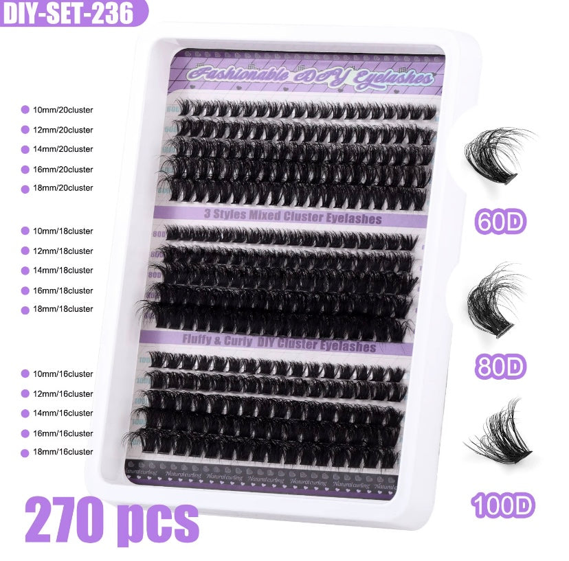 Purple rain lash clusters offer a tray of 270 DIY lash clusters in assorted lengths and densities (60D, 80D, 100D), each row clearly labeled by size for easy customization—ideal for creating personalized volume in lash extension applications.