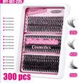 A tray of 300 Pink Dream Clusters by Juicetheminks Cosmetics in Natural Curl, featuring a selection of lash clusters in various lengths and curls. Illustrations on the right display natural wispy styles in 30D, 40D, and 50D, while detailed information about the clusters is listed on the left.