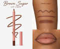 Brown Sugar Lip Liner pencil shown: a creamy nude-brown swatch drawn in three strokes across an arm, and lips expertly outlined and filled with the same rich Brown Sugar shade—ideal for anyone wanting a bold brown lip liner look.
