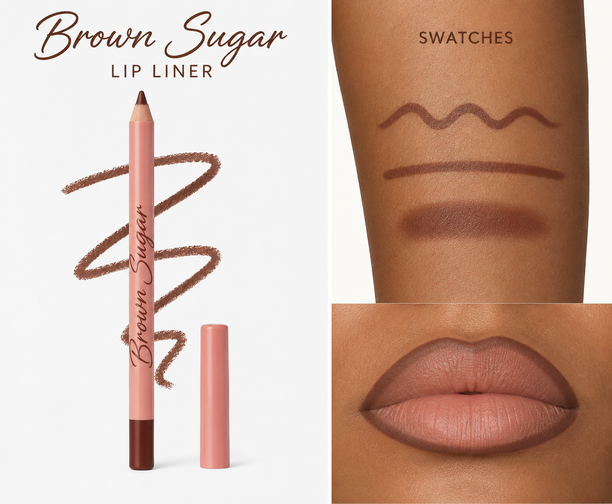 Brown Sugar Lip Liner pencil shown: a creamy nude-brown swatch drawn in three strokes across an arm, and lips expertly outlined and filled with the same rich Brown Sugar shade—ideal for anyone wanting a bold brown lip liner look.