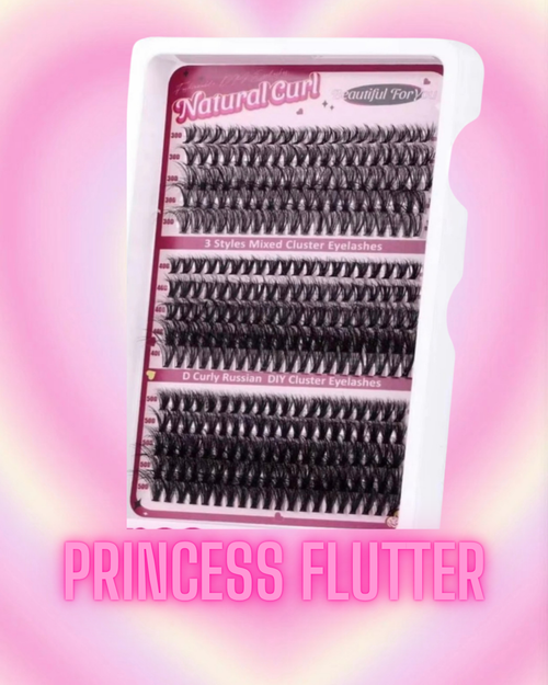 The Princess Flutter lash tray features several rows of black mixed cluster and D curly Russian eyelashes, displayed on a pink and yellow gradient background with the text "PRINCESS FLUTTER" at the bottom.