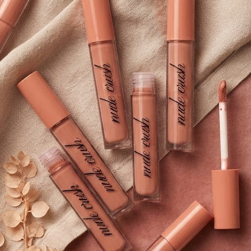 Six Sugar Rush Lip Combo tubes in nude shades are arranged on a soft beige and pink surface, accented with dried leaves and a displayed lip gloss wand, creating an elegant row of versatile nude brown lip colors perfect for any occasion.
